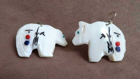 Native Zuni Mother of Pearl Bear & Corn Maiden Earrings by Gloria Chattin JE677
