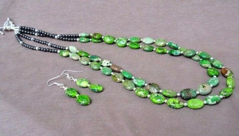 Navajo Green Turquoise & Black Jade Two Strand Necklace by Elouise Chee JN0303