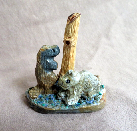 Native Zuni Multi-stone Beaver Duo w wood logs Fetish by Justin Natewa C4220
