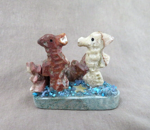 Zuni Multi-stone Seahorse Duo and Coral Reef Fetish by Justin Natewa C4056