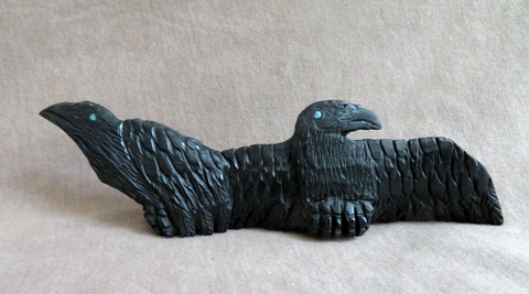 Native American Zuni Jet Ravens Duo Fetish Carving by Rochelle Quam  C4276