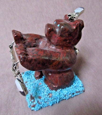 Zuni Large Red Marble Bear w/ Feathers and Sunface Fetish by Donovan Dewa C1381