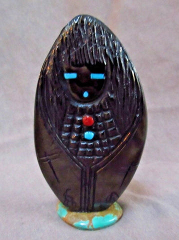 Native Zuni Jet Maiden Fetish on base w etchings by Mike Yatsayte  - C2676