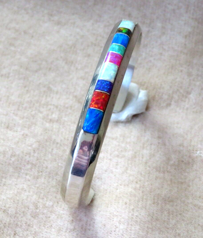 Native American Zuni Sterling Silver & Opal Inlay Cuff Bracelet Signed M JB262