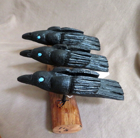 Native Zuni Extra Large Wood Raven Trio Carving Fetish by Al Lewis C4444