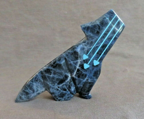 Native Zuni Sodalite Coyote Fetish w triple heartline by Kenric Laiwakete C3612