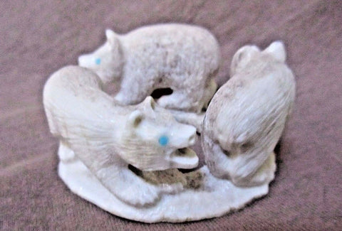Native Zuni Museum Quality Antler Bear Family Ring Fetish by Maxx Laate  - C1754
