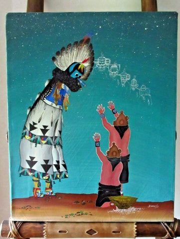 Native Zuni Older Oil on Canvas Painting - Shalako W Mud head by Dadrian S HP81