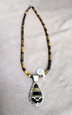 Native Navajo Sterling, Tiger's Eye, Jasper & Onyx 17" Necklace by D John JN485