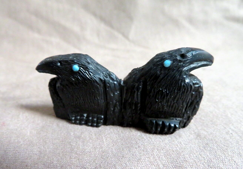 Native American Zuni Jet Raven Duo Fetish Carving by Rochelle Quam  C4166