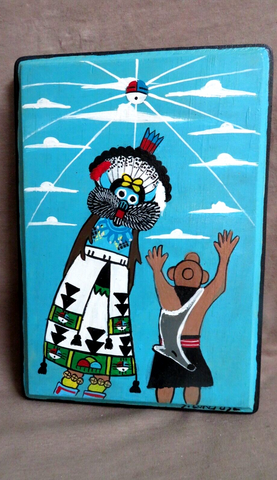 Older Zuni Oil on Wood Shalako and Mudhead Painting by Stephen Lonjose  HP86