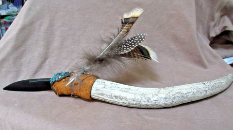 Native Taos Handmade Antler Jet & Turquoise Ceremony Knife by "Moose" Luhan M182