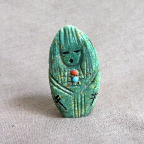 Native Zuni Turquoise Maiden Fetish Carving w etchings by Mike Yatsayte - C4570