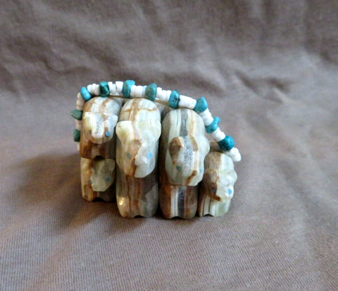 Native Zuni Banded Onyx Bear Family of 5 Fetish Carving by Tim Lementino C4691