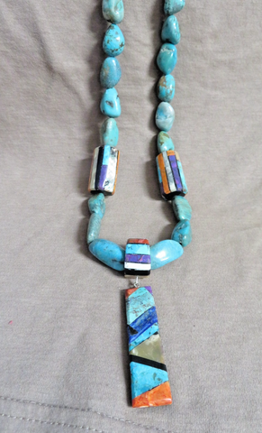 Santo Domingo Turquoise & Multistone Inlay Cylinder Bead Necklace Coriz JN556