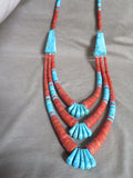 X Large Santo Domingo Coral & Turquoise 3 Layer Necklace by Lupe Lovato JN501