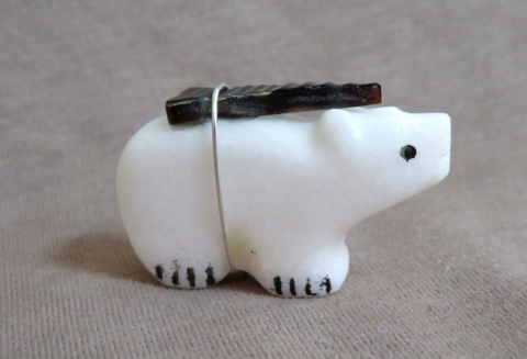 Zuni White Marble Bear w/ Sunface & Bundle Fetish Carving by Darrin Boone  C4682