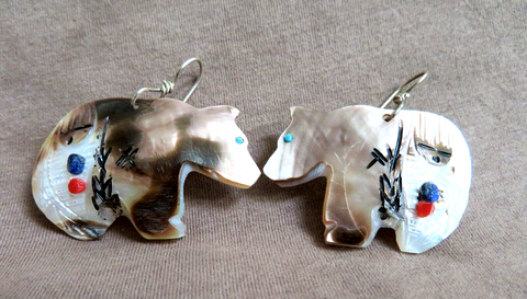 Native Zuni Mother of Pearl Bear & Corn Maiden Earrings by Gloria Chattin JE675