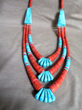 X Large Santo Domingo Coral & Turquoise 3 Layer Necklace by Lupe Lovato JN501