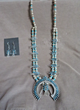 Zuni Sterling & Turquoise Squash Blossom Necklace & Earrings by E Edaakie JN518