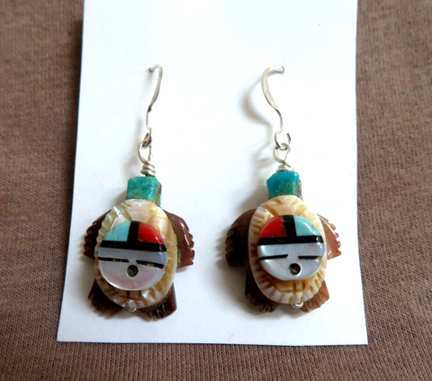 Zuni Mother of Pearl & Jasper Turtle Fetish Hook Earrings by Darrin Boone JE678