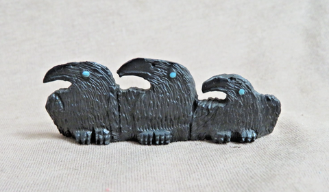Native Zuni Mini Jet Trio Ravens Fetish Carving by Rochelle Quam  C4966