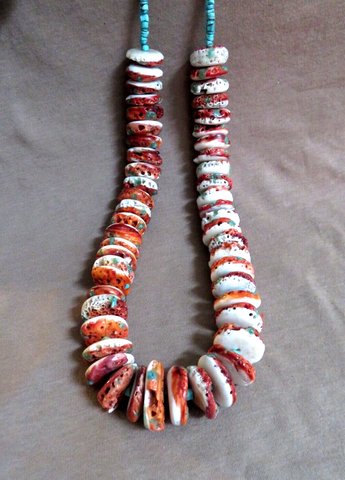 Navajo Extra Large Red Spiny Oyster w Turquoise Necklace by K Deerwater JN494
