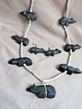Native Zuni Black Jet Bear Fetish Necklace & Earring Set by Mike Tucson N495