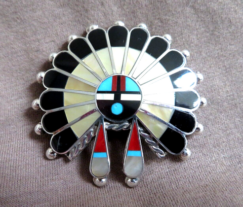 Zuni Silver & Multi-stone Sunface Kachina Pin Pendant by A. Unkestine JP290