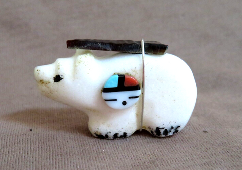 Zuni White Marble Bear w/ Sunface & Bundle Fetish Carving by Darrin Boone  C4679