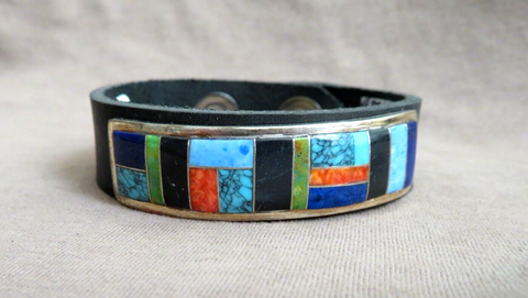 Navajo Multi-stone w/ Sterling Leather Adjustable Bracelet by E Yazzie - JB286
