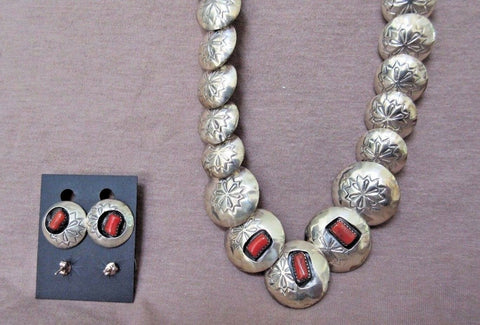 Navajo Reversible Turquoise & Coral Sterling Necklace w/ earrings  L Largo JN239