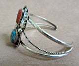 1980's Native Navajo Turquoise, Coral & Sterling Small Cuff Bracelet  JB213