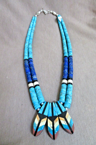 Santo Domingo Multi-stone & Turquoise Heishi Feather Necklace by R Coriz JN478