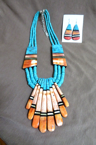 Santo Domingo Turquoise & Inlay  "8 Fingers" Necklace Set  Torevia Crespin JN472