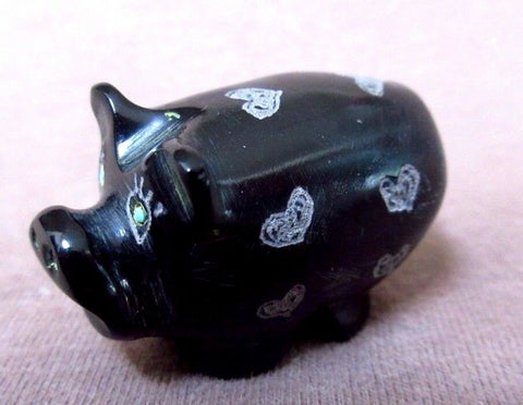 Native Zuni Black Marble Etched Pig Fetish by Rosella Gonzales - C1263