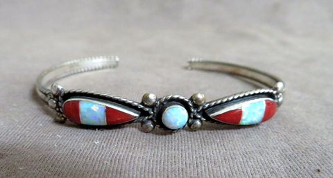 Native American Zuni Opal & Coral Cuff Bracelet By CARINA LEEKITY  JB257