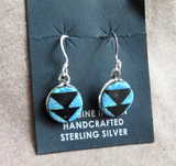 Native Zuni Inlay Jet & Opal Sterling Dangle Hook Earrings by E Esalio JE646