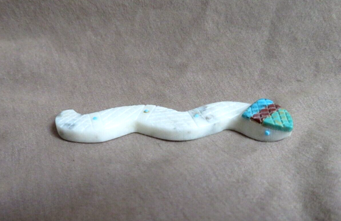 Zuni White Marble Snake Fetish Carving w Inlay by Brandon Phillips - C4661