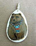 Zuni Howlite & Sterling Hand Painted Warrior Bear Pendant by Edward Lewis  JP241