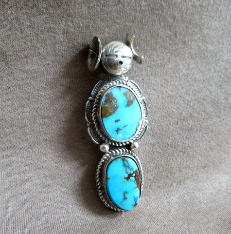 Native Navajo Turquoise & Sterling Hopi Kachina Pendant by Bennie Ration - JP275