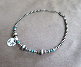 Navajo Sterling Silver & Turquoise Navajo Pearl 9" Anklet Bracelet  JB255