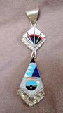 Zuni Turquoise & Coral Inlay Sunface & Sterling Pendant by J Esalio JP0179