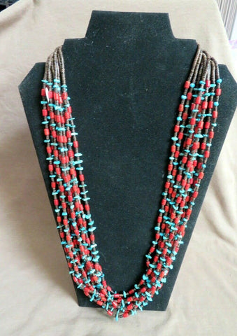Santo Domingo 10 Strand Turquoise, Coral Heishi 28" Necklace by J Calabaza JN421