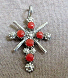Older Native Zuni Coral & Sterling Cross Pendant by JP208