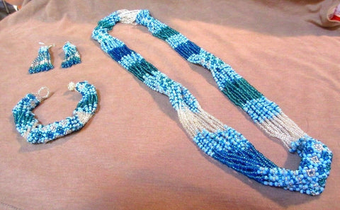 Zuni Made Beaded 16 Strand Multi-Color 28" Necklace, Bracelet & Earrings JN0120