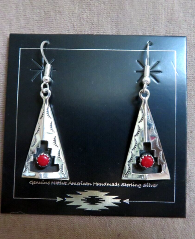 Navajo Shadow box Sterling Silver w/ Coral Dangle Hook Earrings by C Perry JE649