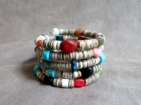 Santo Domingo Turquoise & Multi-Gemstone Wrap Wire Bracelet by H Tsosie JB267