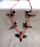 Native Zuni Apple Coral & Jet Soaring Baltimore % Oriole Fetish Necklace JN458