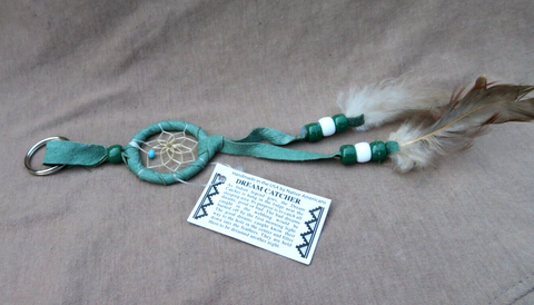 Navajo Handmade Small Size Green Leather Dream Catcher Keychain  M386